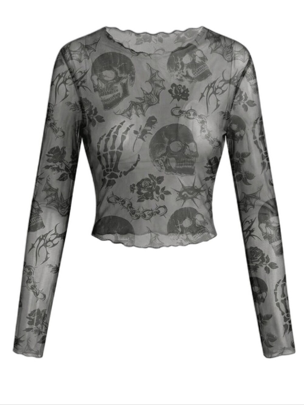 ROMWE Dark Gray/Black Sheer Skull Mesh Long Sleeve Top